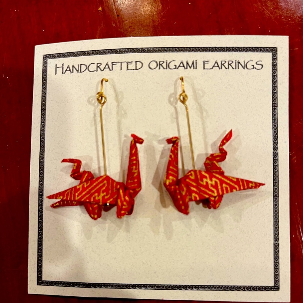 Red Origami Crane Jewelry with Gold Accents